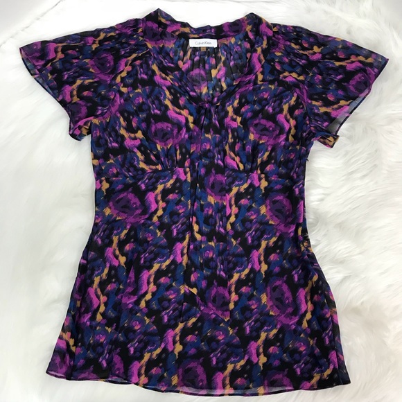 Calvin Klein Keyhole Neck Bow Cap Sleeve Sheer Top - Picture 3 of 5